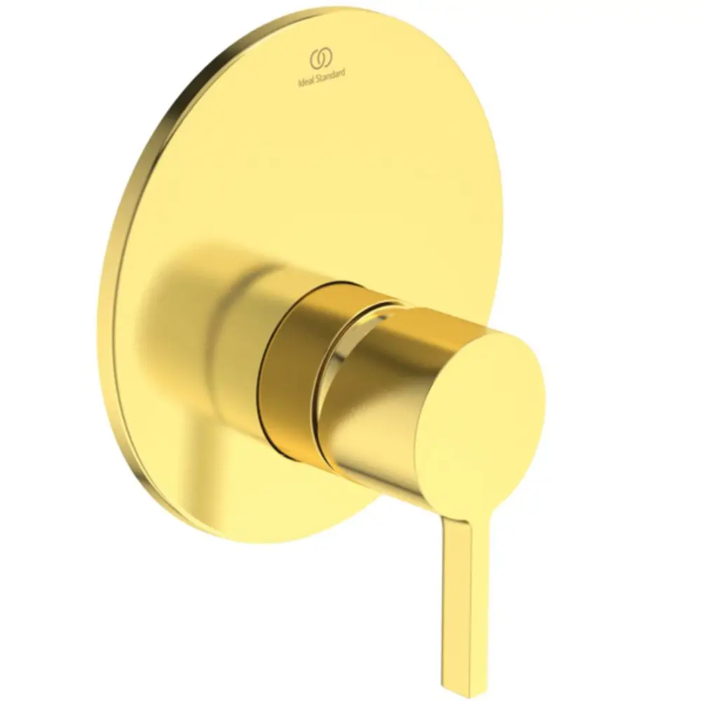 Goldene Wandarmatur von Ideal Standard mit runder Abdeckung und Hebel zur Einstellung der Wassertemperatur und -menge.